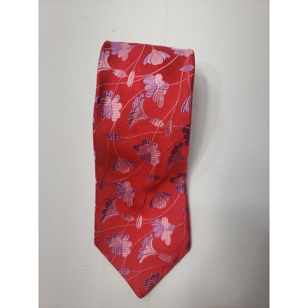 Ted Baker London Men’s Red Tie W/ Pink Purple Floral Pattern 100% Imported Silk